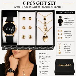 Aeropostale Digital Watch Jewelry Set Gold Tone Black